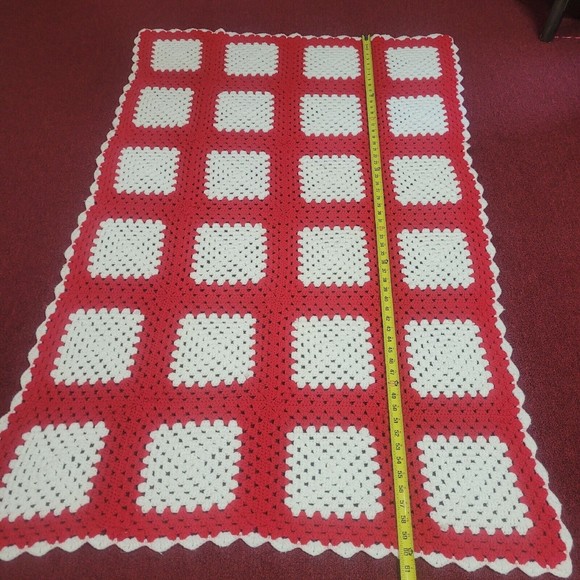 Crochet Lap Blanket Afghan Geometric Square Red White Throw Approx. 60in… - Picture 3 of 6